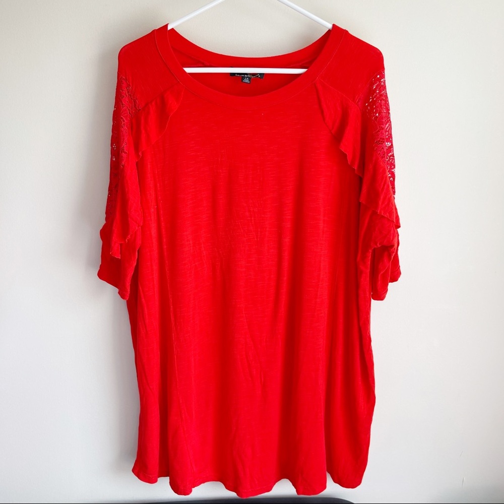 Suzanne Betro Red Ruffle Lace Shoulder Blouse